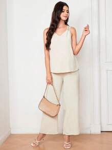 SHEIN Summer Maternity V-Neck Vest And Wide Leg Pants 2pcs Set - Apricot - View 4
