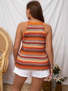 SHEIN LUNE Camiseta sin mangas de talla grande para mujer con estilo vintage y estampado geométrico, rayas coloridas y diseño de cuello halter para uso casual en verano