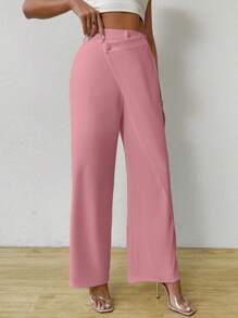 SHEIN Privé Casual Solid Color Asymmetrical High Waist Straight Leg Pants - Pink - View 5