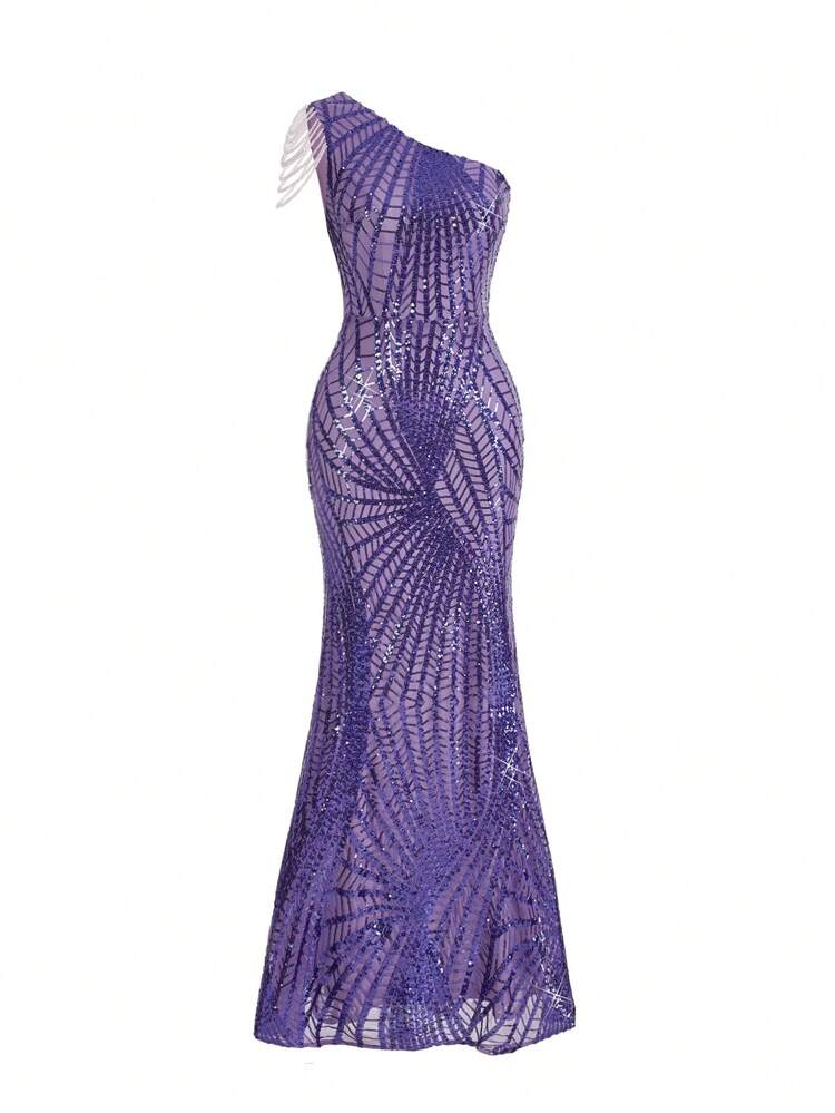 Elegant Purple Halter Neckline Slim Fit Mermaid Sequined Tassel Women Evening Dress (Heavy Duty)