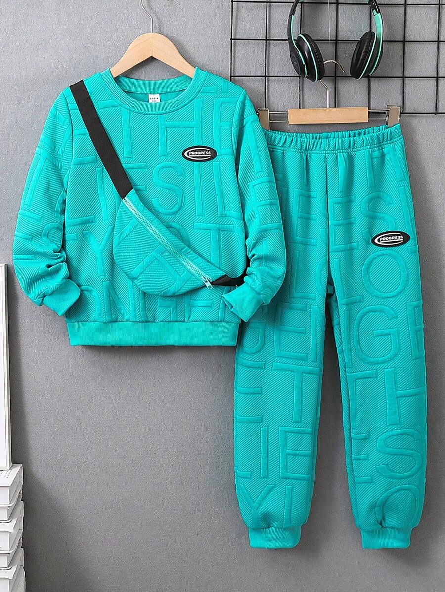 SHEIN 青少年男孩字母圖形紋理面料運動衫、緊身褲、背包套裝（3套可分開銷售） - 藍色 - 查看 1