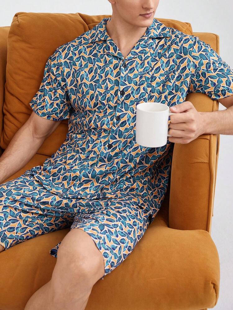 Men's Full Print Lapel Collar Short Sleeve Top And Shorts Homewear Set
