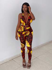 Slaydiva Vacation Summer Tropical Printed Halter Backless Crop Top  And Tropical Printed Leggings Set - Multicolor - View 4