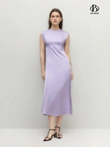 BizChic Đầm nữ cổ tròn không tay màu trơn thanh lịch mùa hè - Màu tím hoa cà - Xem 1