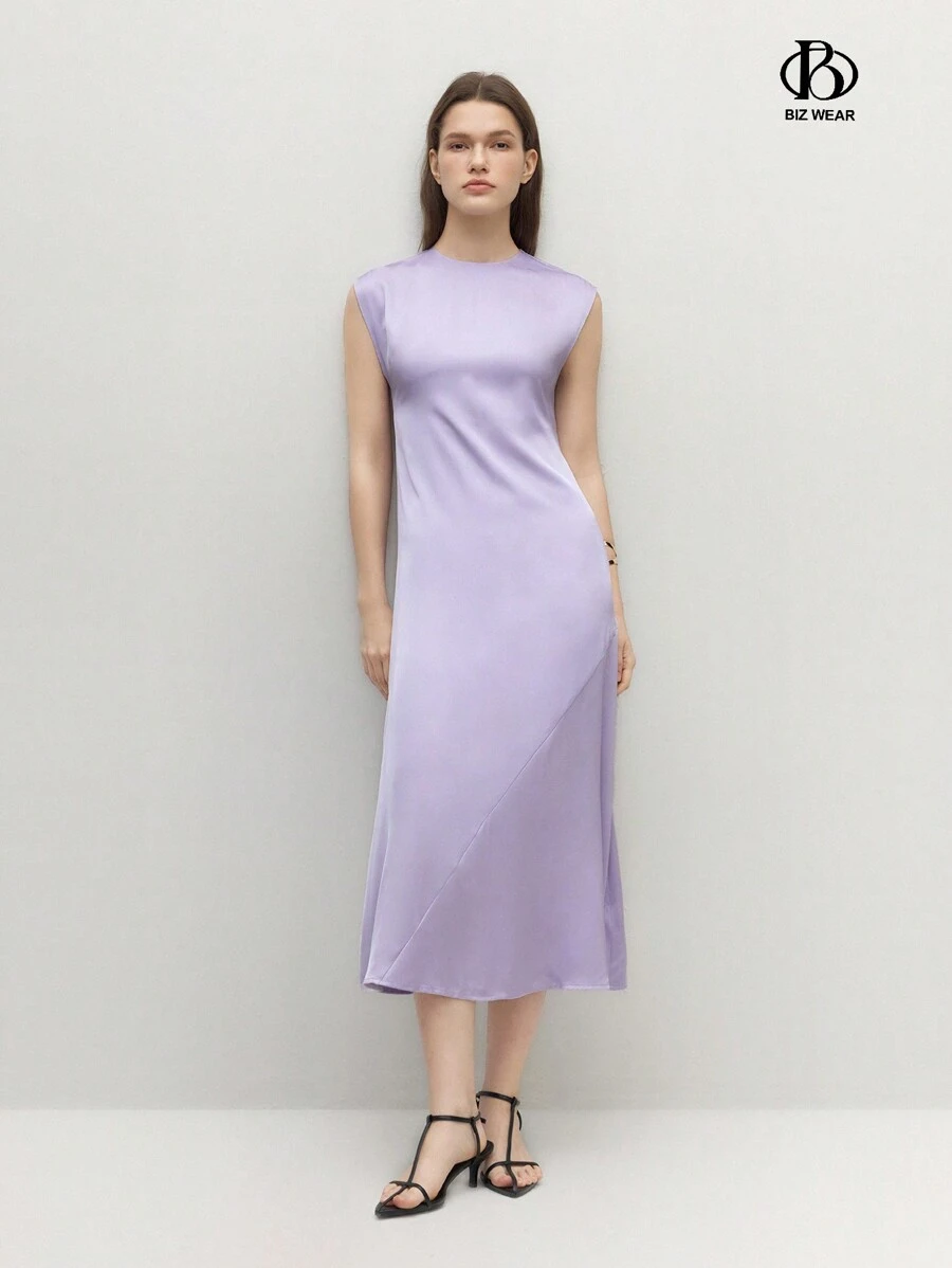 BizChic Đầm nữ cổ tròn không tay màu trơn thanh lịch mùa hè - Màu tím hoa cà - Xem 1