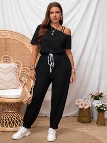 SHEIN LUNE Mono de talla grande sin hombros con mangas cortas y cintura ajustable con corbata con pantalón largo negro, primavera/verano
