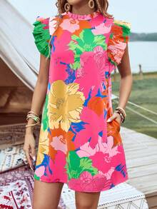 露肩公主袖熱帶假日休閒花卉印花連衣裙，配以鬆緊收口和口袋的褶邊設計 - 紅色 - 查看 4