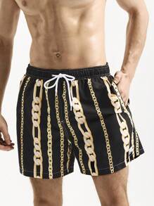 Surfspeed Men Drawstring Waist Chain Print Casual Loose Beach Shorts - Black - View 3