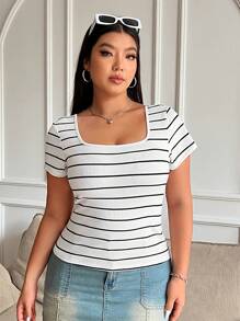 SHEIN EZwear Plus Size Women Black And White Striped Square Neck Slim Fit Basic T-Shirt, Summer
