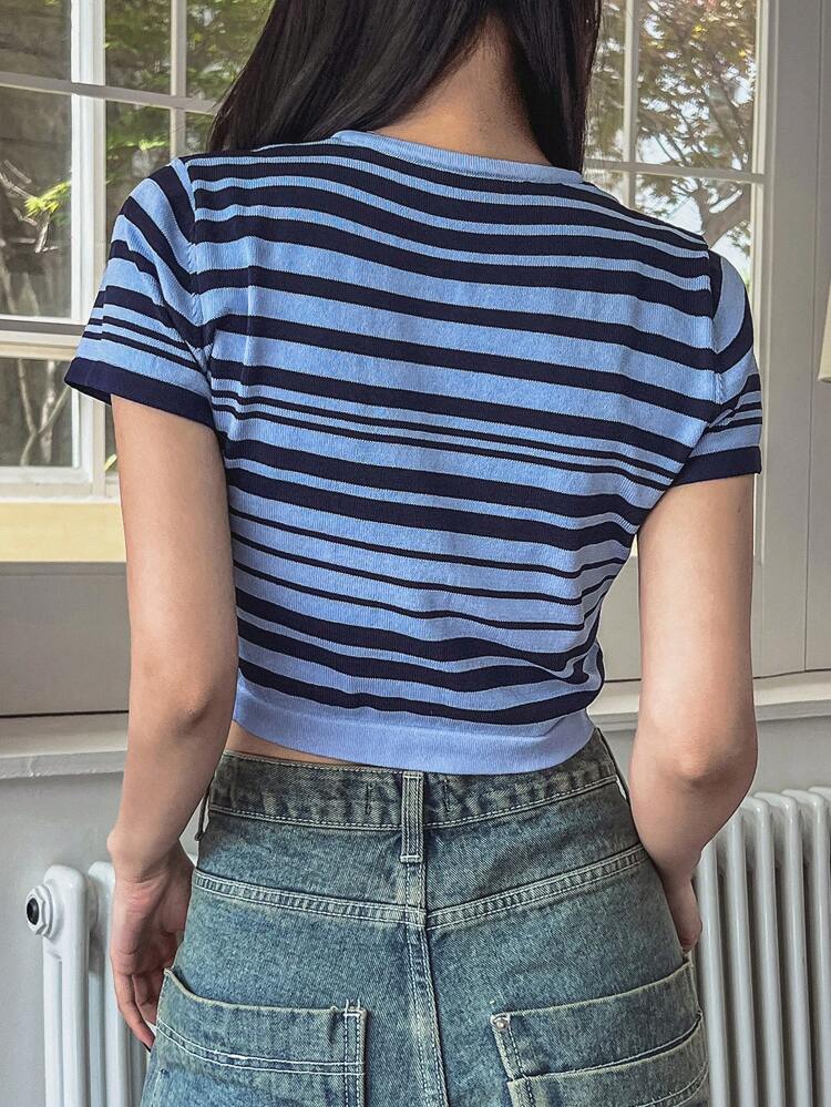 Women's Fashion Striped Crop Sleeve Cropped Button-Down Shirt