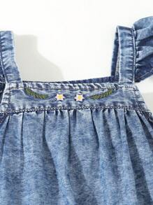 Baby Girl Casual Comfortable Embroidered Flower Denim Bodysuit With Butterfly Sleeves