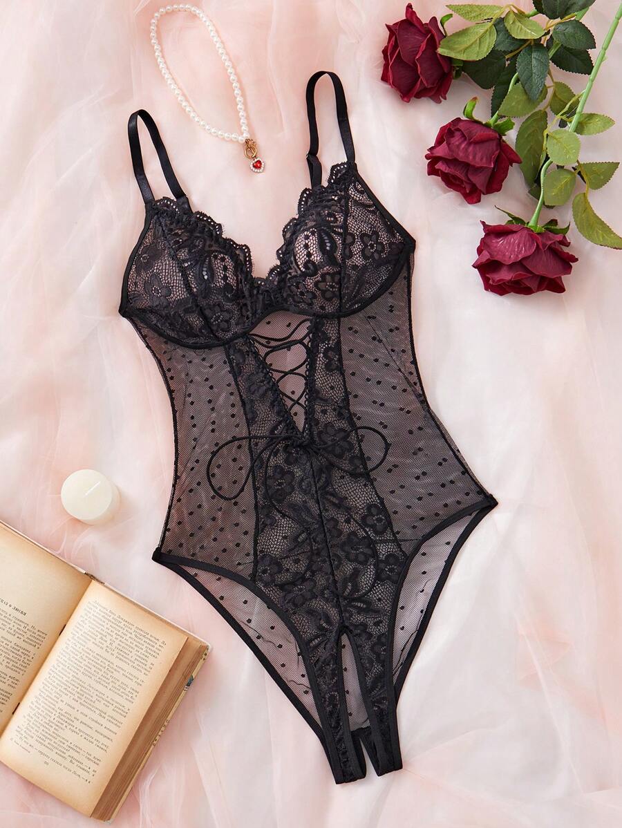 SHEIN Contrast Lace Sexy Mesh Women's Bodysuit Lingerie, 1pc For Going Out