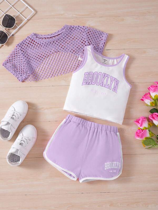 SHEIN Young Girl 3pcs Knitted Set, Including Crop Sleeve Mesh Top, Knitted Sleeveless Tank Top And Loose Shorts