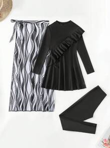 Swim Mulvari Women's Burkini Set With Ruffle Front And Striped Cover Up Skirt, 3 Pieces, Wireless, Random Print, Copyright Purchased, Black, Summer Beach Arabic Clothing