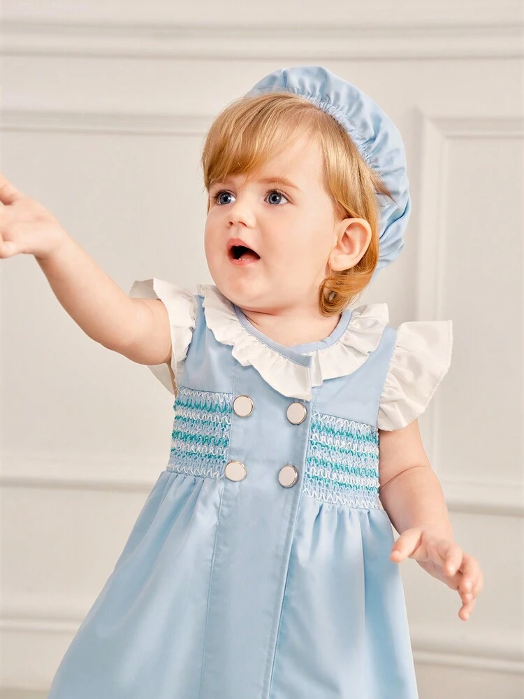 Baby Girl Summer Elegant And Sweet Double-Breasted Dress With Ruffle Trim And Short Sleeves