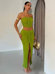 SHEIN BAE Women's Holiday Style Mesh Ruffled Ruched Strapless Solid Color Dress Set, Perfect For Date Or Graduation Season