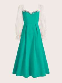 Chiquease Elegant Color-Block Rhinestone Embellished Waist Dress For Spring/Summer Fall Cloth For Women - Green - View 1