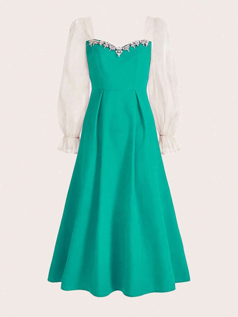 Chiquease Elegant Color-Block Rhinestone Embellished Waist Dress For Spring/Summer Fall Cloth For Women - Green - View 1