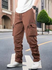 Manfinity Homme Pleated Zipper & 3d Pockets Design Men's Pants - Brown - View 1