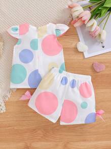 SHEIN 寶寶女孩荷葉邊蝴蝶結圓點印花上衣和短褲套裝 - 彩色 - 查看 2