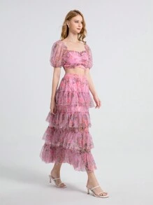 女士花卉印花泡泡袖短上衣＆層次修邊網紗裙媽媽和我配對裝（兩件單獨出售） - 粉色 - 查看 4