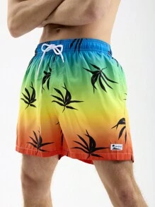 Manfinity Men Vacation Leisure Pool Plant Printed Tie-Dye Beach Shorts