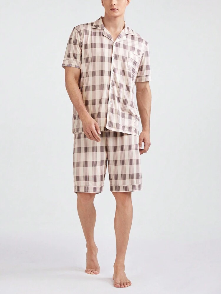 Men Plaid Patchwork Pocketed Homewear Set