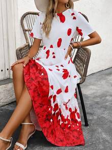 Breezaya 女裝浪漫渡假花瓣印花夏季短袖連衣裙 - 紅白色 - 查看 7