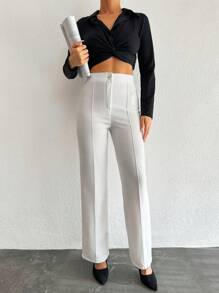 EURMUSE Women Solid Color Simple Design Belted Casual Long Pants - Putih - View 4