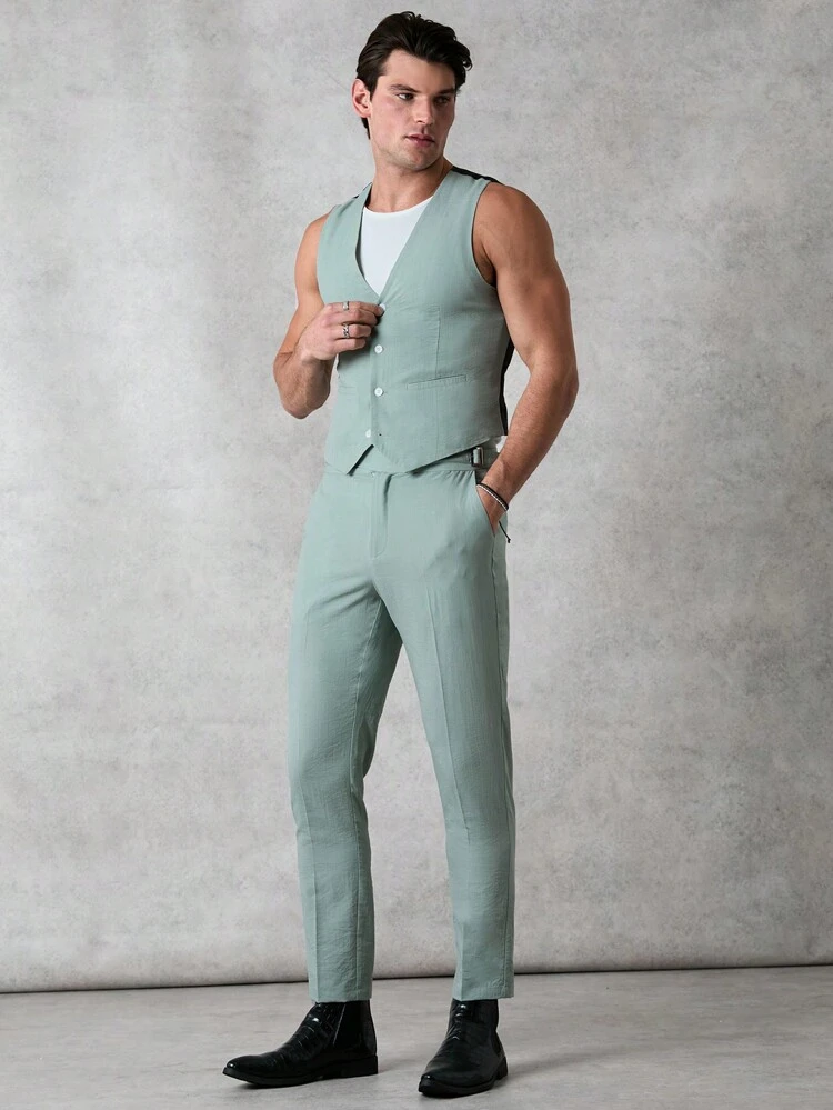 Men's High Waist Naples Style Skinny Suit Trousers In Green