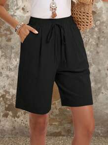 EMERY ROSE Solid Color Elastic Waist Slant Pocket Shorts  Women's Summer Shorts Cotton Comfy Shorts - Black - View 6