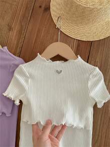 SHEIN LMoss Kids LMoss Baby Girl Baby Girl Casual Knit Hollow Out Heart Pattern Short Sleeve Top Bell Bottoms Pants 4pcs/Set - Purple - View 4