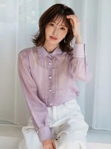 FRIFUL Women Fashionable Elegant Long Sleeve Sheer Turn-Down Collar Shirt - Purple - View 9