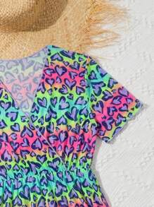 Tween Girl Holiday Heart Print Overlap V-Neck Short Sleeve Romper Dress - Purple - View 5