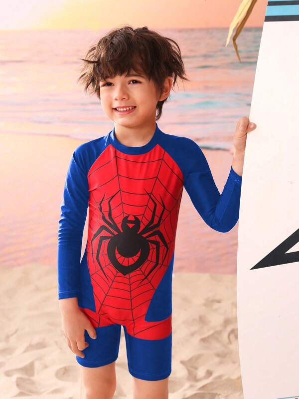 Traje de baño de protección solar para niños jóvenes con estampado de araña y telaraña de manga larga y gorro de natación a juego