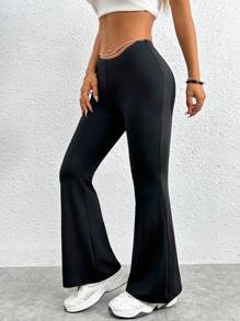 SHEIN PETITE Black Solid Flare Leg Flare Pants - Black - View 5