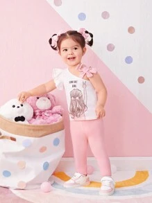 SHEIN Baby Girl Casual Summer Knitwear Cartoon Patterned Top & Solid Color Snug Fit Long Pants Set With Elastic Waistband, Suitable For Summer - Pink - View 1