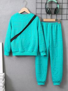 SHEIN 青少年男孩字母圖形紋理面料運動衫、緊身褲、背包套裝（3套可分開銷售） - 藍色 - 查看 2