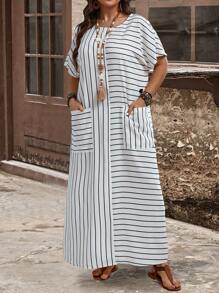 EMERY ROSE Plus Size Women's Striped Printed Batwing Sleeve Long Dress With Pockets, Loose Fit, Crew Neck, Spring/Summer