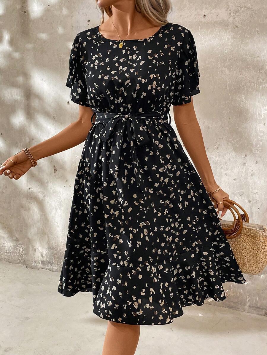 SHEIN LUNE 女性夏季優雅全印花圓領短泡袖連衣裙 - 黑色 - 查看 1