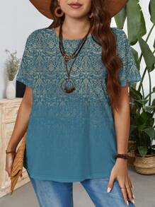 EMERY ROSE تي شيرت نسائي بقصّة عادية للصيف ذو رقبة دائرية وأكمام قصيرة بطبعات زهور عتيقة للحجم الزائد