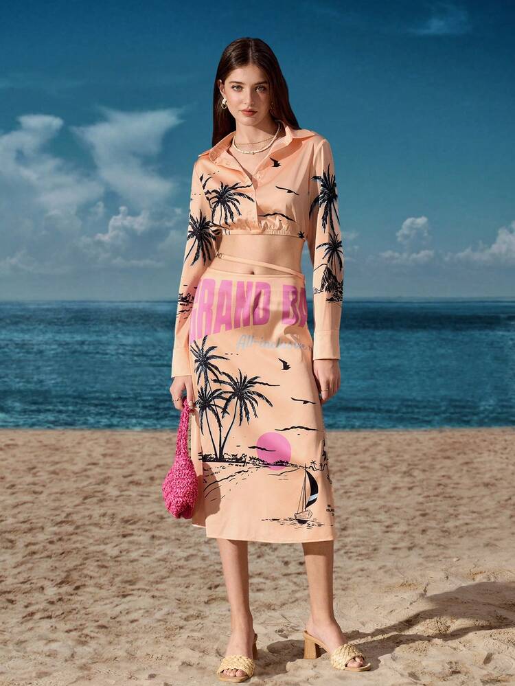 Artist Vacation Casual Palm Print Crop Long Sleeve Oversized Women Shirt, For Holiday, Spring, Beach, Festival, Ibiza Fits, Western Wear