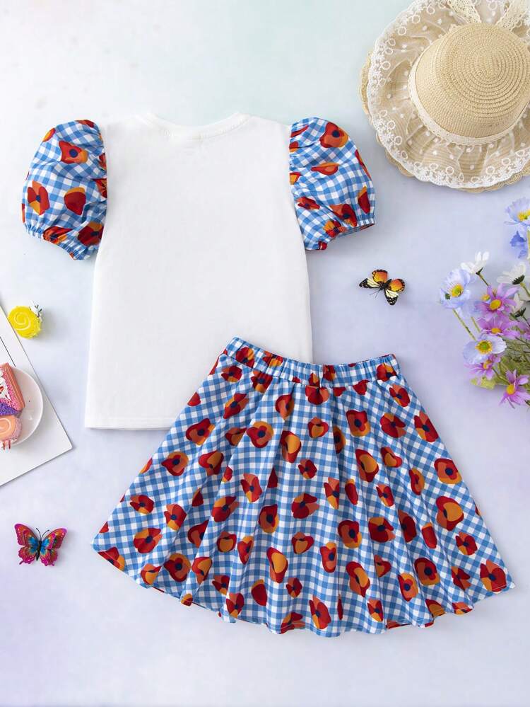 Tween Girl 1pc Letter And Gingham Print Puff Sleeve Top & 1pc Flare Skirt Set