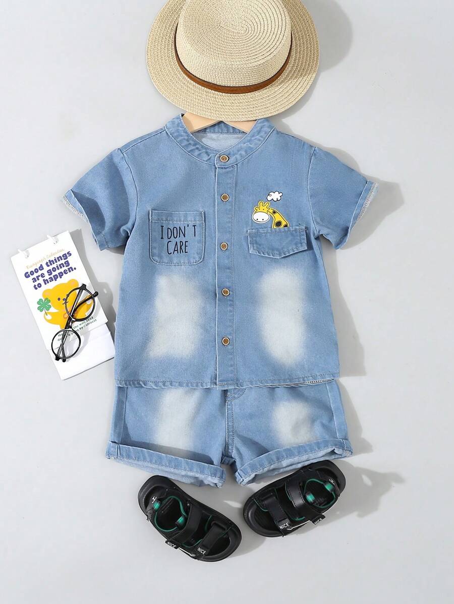 Young Boy Cute Fresh Simple Denim Outfits - Light Wash - View 1