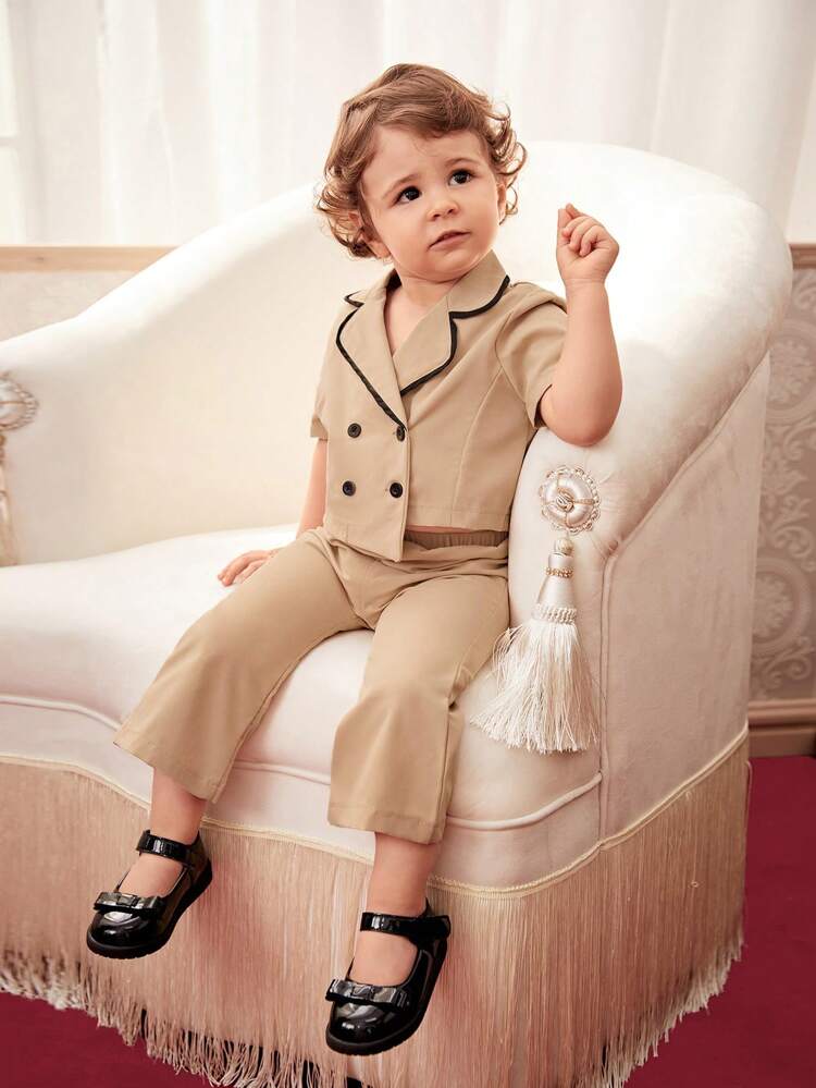Baby Girl Short Sleeve Double-Breasted Lapel Top With Pants And Hat, Elegant And Stylish For Summer