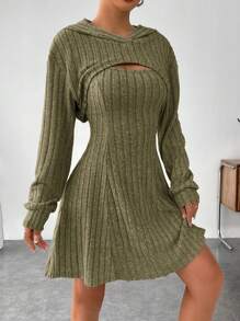 Muchica 女士短袖連帽上衣和迷你連衣裙套裝，露脐款式 - 軍綠色 - 查看 4