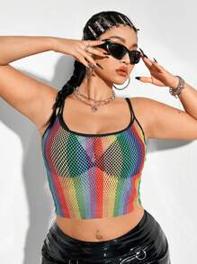 SHEIN ICON Plus Size Icon Rainbow Lưới sọc đầy màu sắc gợi cảm xuyên thấu Áo yếm crop top cho mùa hè - Nhiều màu - Xem 2