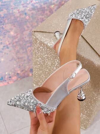 Women's High-Heeled Single Shoes With Pointed Toes And Rhinestone Decoration With Back Straps