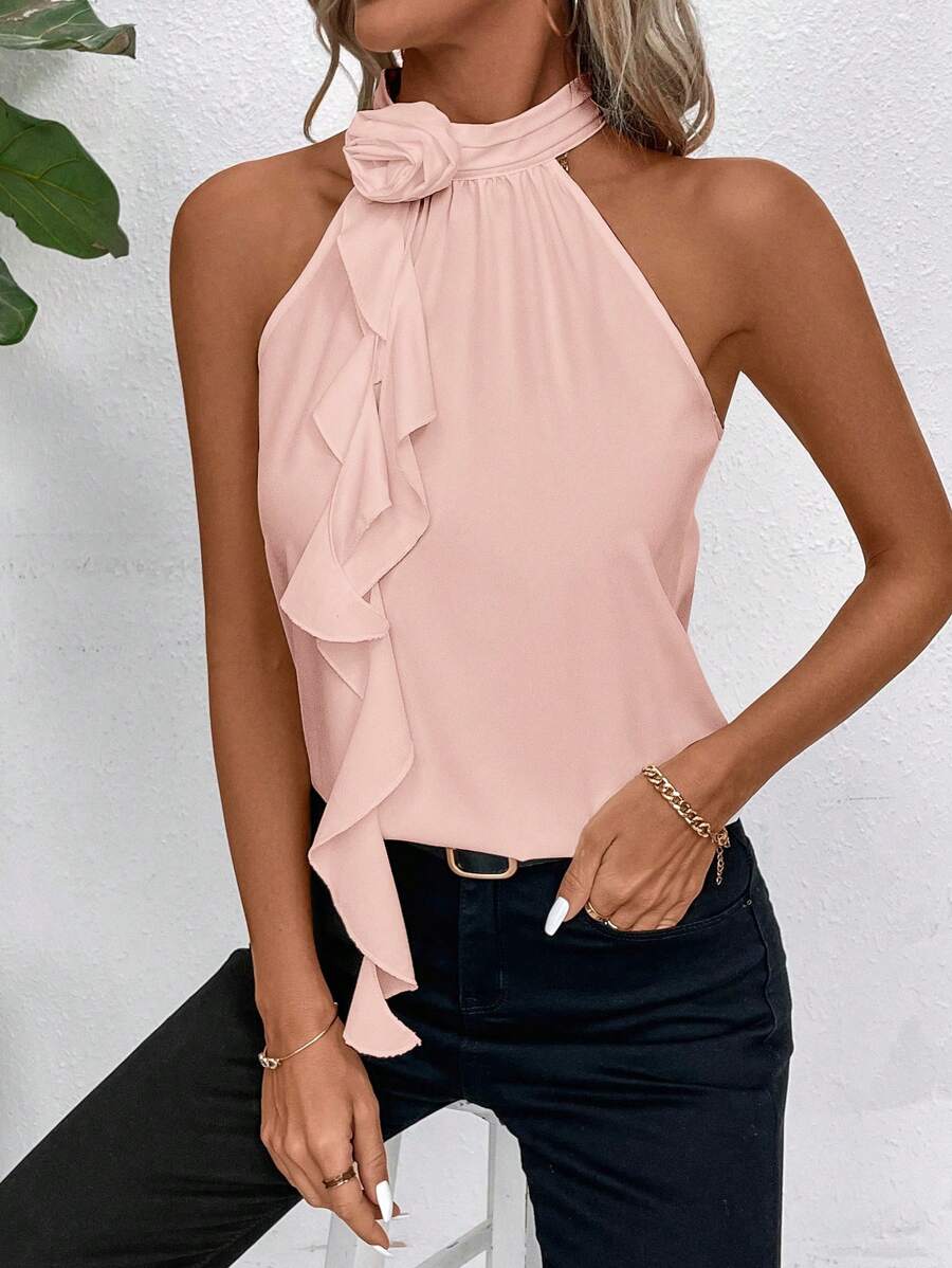 SHEIN Clasi 女士時尚純色立領襯衫，附3D花朵裝飾 - 粉色 - 查看 1