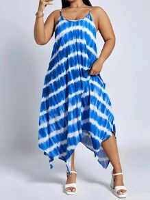 SHEIN Essnce Vestido de tirantes con estampado anudado, ideal para las vacaciones de verano de mujeres de talla grande. Vestido curvo, ropa de verano linda para mujer, vestido de verano informal, vestido de verano, vestido de sol, vestido de verano largo - Azul - Ver 3